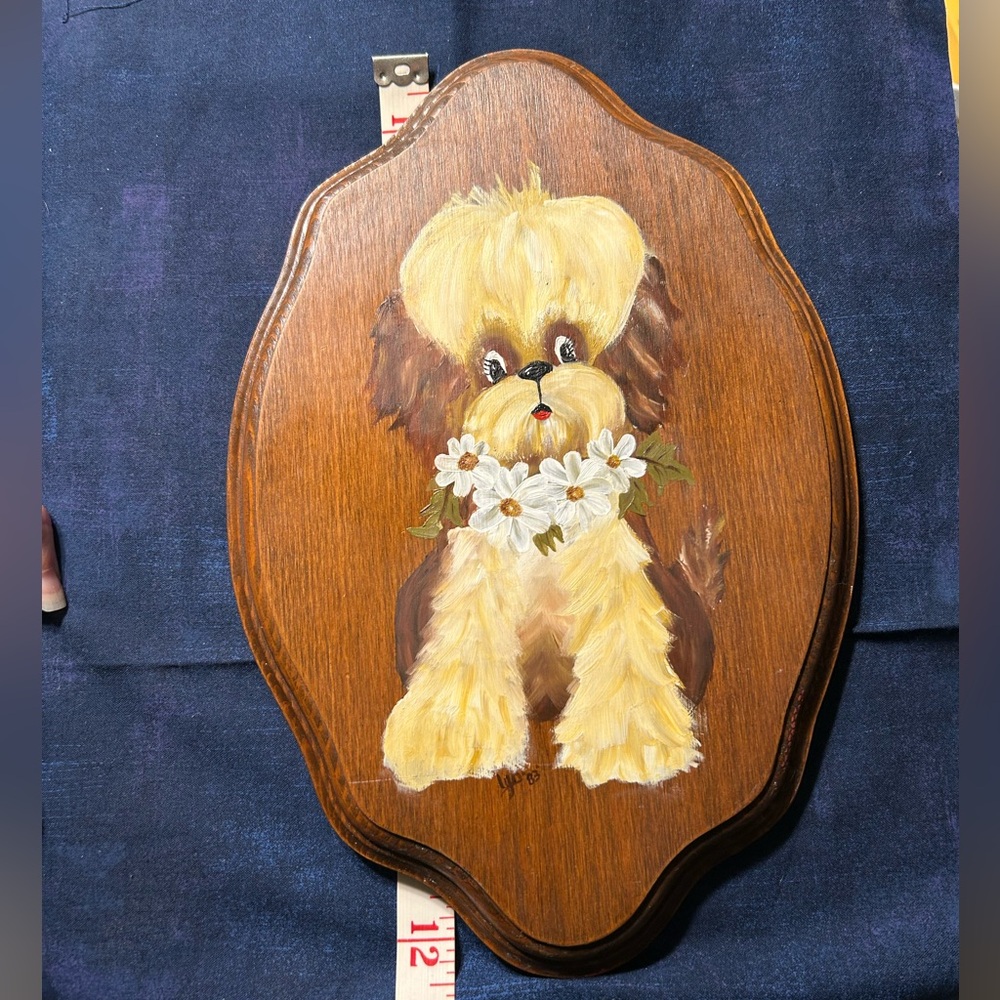 Vintage 1983 Hand-Painted Dog Plaque with Flowers